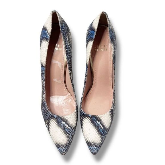 Stuart Weitzman Python Stiletto Pumps Women’s Size 8 Textured Blue Cream Snake - Picture 5 of 12